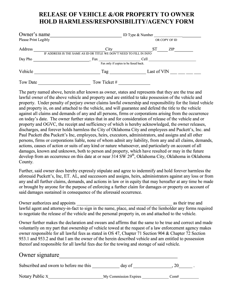 Hold Harmless Letter for Vehicle Release Form